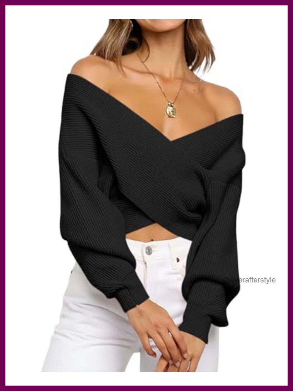 Off Shoulder Knit Pullover Sweater Women Lantern Sleeve Wrap V Neck Stretchable